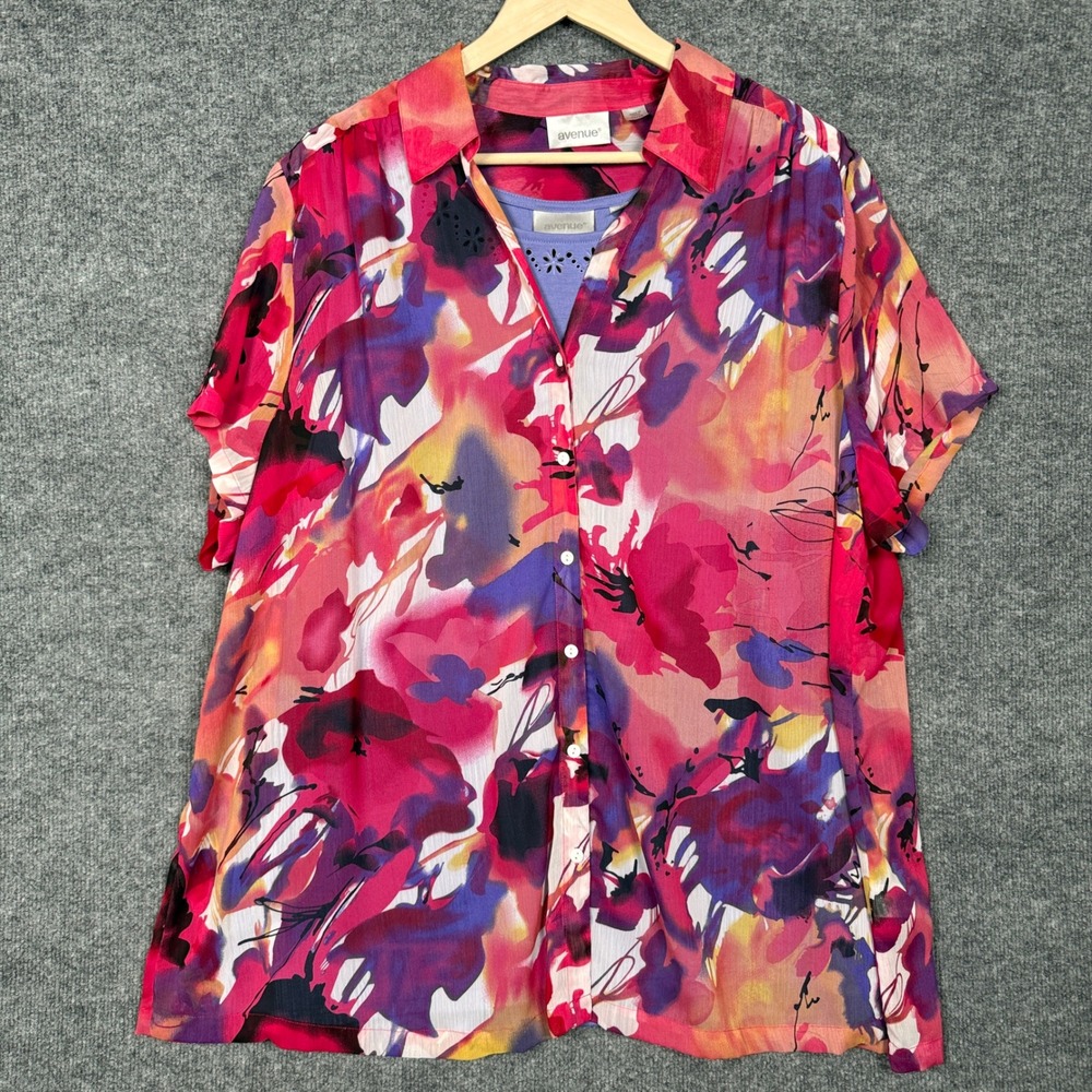 Avenue Womens 26/28 Shirt with‎ Tank Red  Abstract Floral Button Up Sheer Artsy